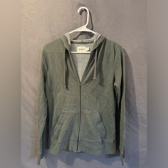Pact Tops - Pact Womens Army Green Full Zip Striped Hoodie Size Small Organic Cotton
